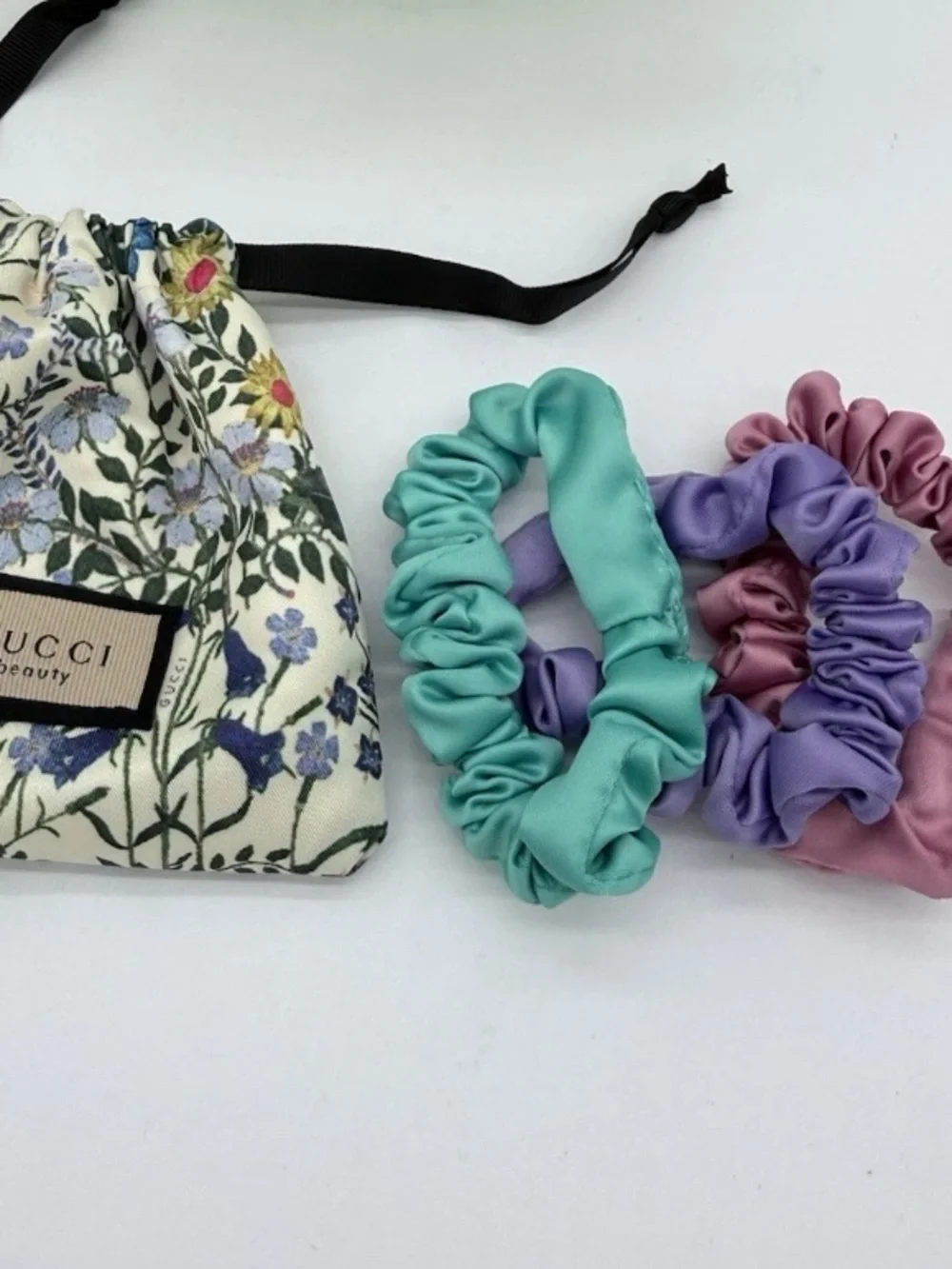 Gucci Floral Satin Scrunchie Trio in Purple, Pink & Teal with Floral Pouch